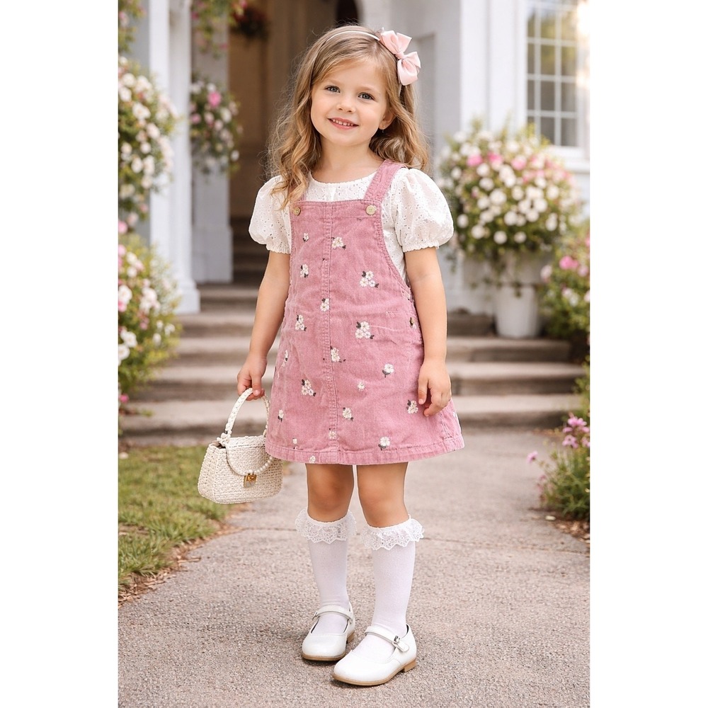 Cupcakes & Cashmere Girls 4T Pink Floral Corduroy Jumper Overall Dress Ruffle